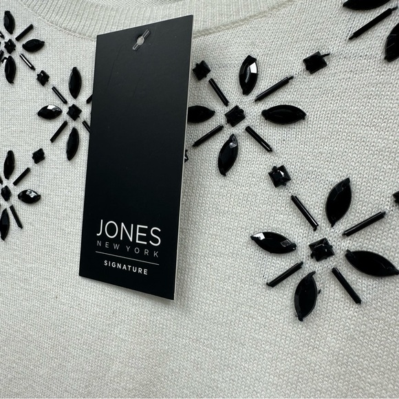 Jones New York Long Sleeve Round Neck HolidayWhite Sweater, Black Rhinestones, S - Picture 7 of 10